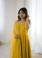 Yellow Color Chanderi Pure Roman Silk Anarkali Suit