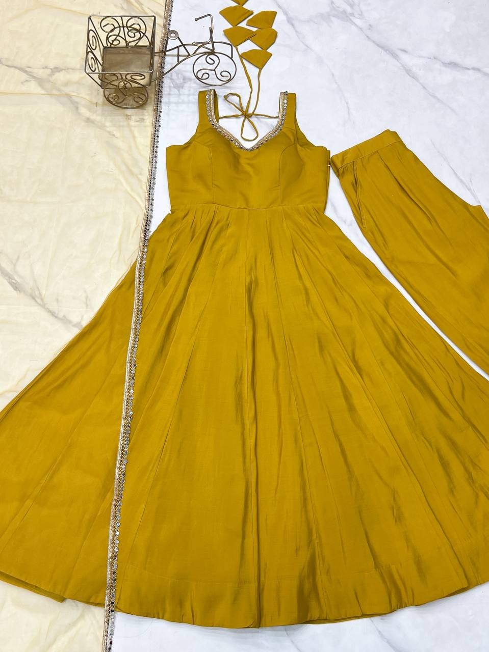 Yellow Color Chanderi Pure Roman Silk Anarkali Suit