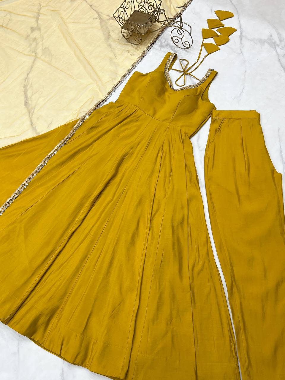 Yellow Color Chanderi Pure Roman Silk Anarkali Suit