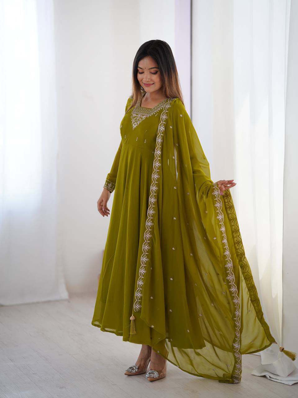 Mahendi Green Pure Soft Fox Georgette Fabric Fully Flair Anarkali Salwar Suit
