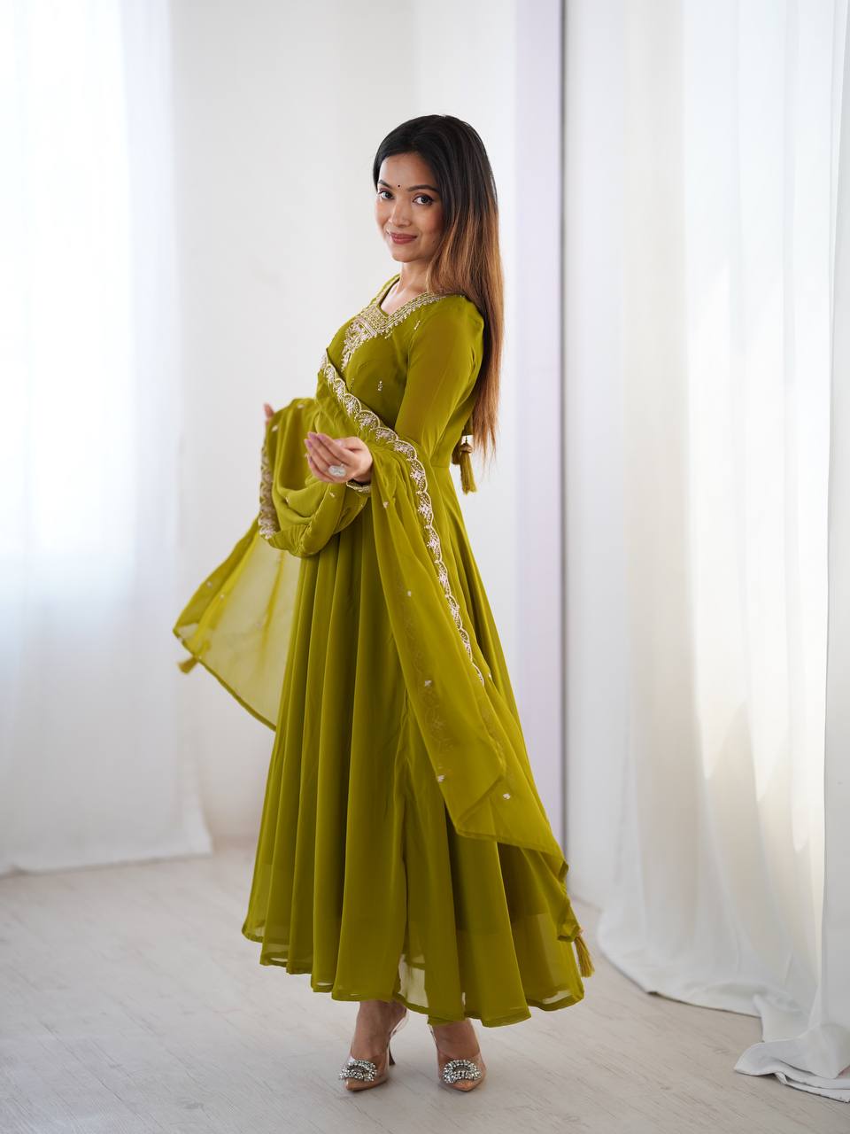 Mahendi Green Pure Soft Fox Georgette Fabric Fully Flair Anarkali Salwar Suit
