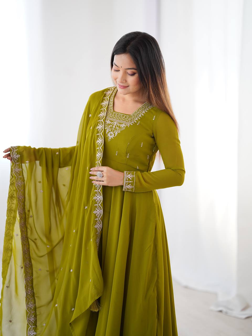 Mahendi Green Pure Soft Fox Georgette Fabric Fully Flair Anarkali Salwar Suit