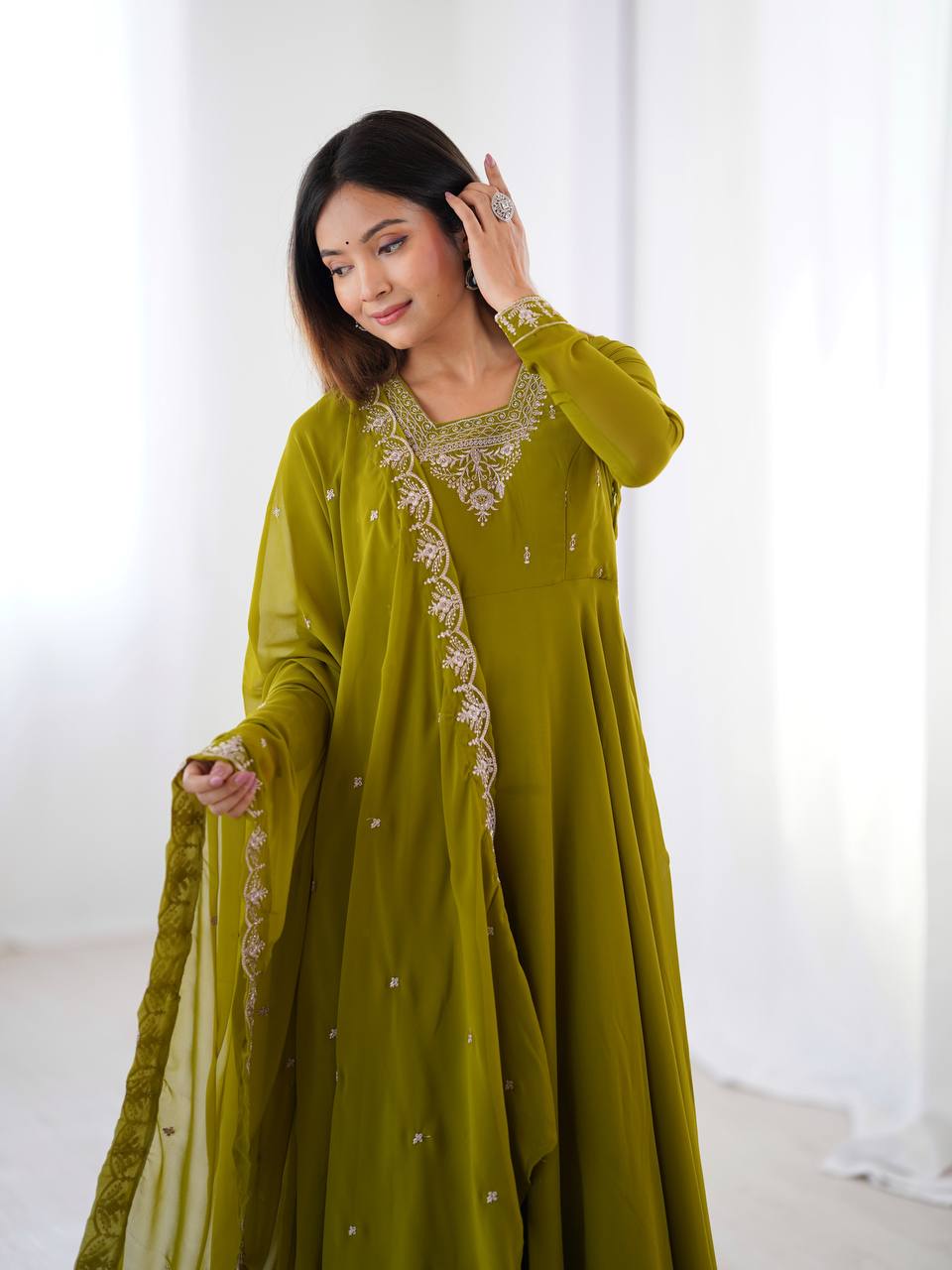 Mahendi Green Pure Soft Fox Georgette Fabric Fully Flair Anarkali Salwar Suit