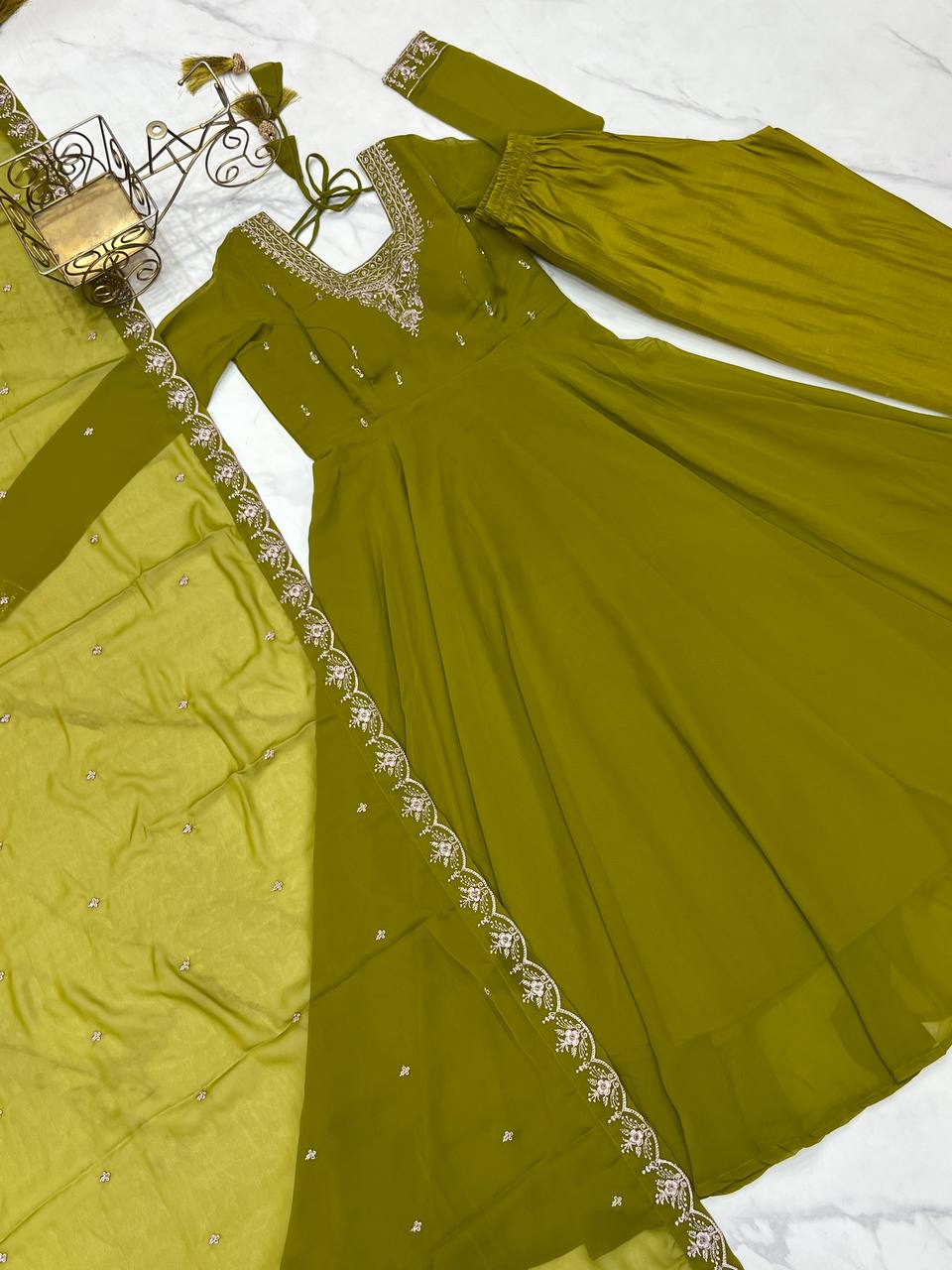 Mahendi Green Pure Soft Fox Georgette Fabric Fully Flair Anarkali Salwar Suit