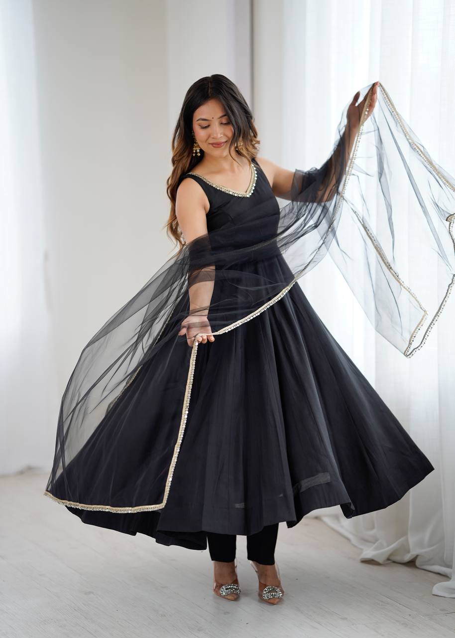 Black Color Chanderi Pure Roman Silk Anarkali Suit
