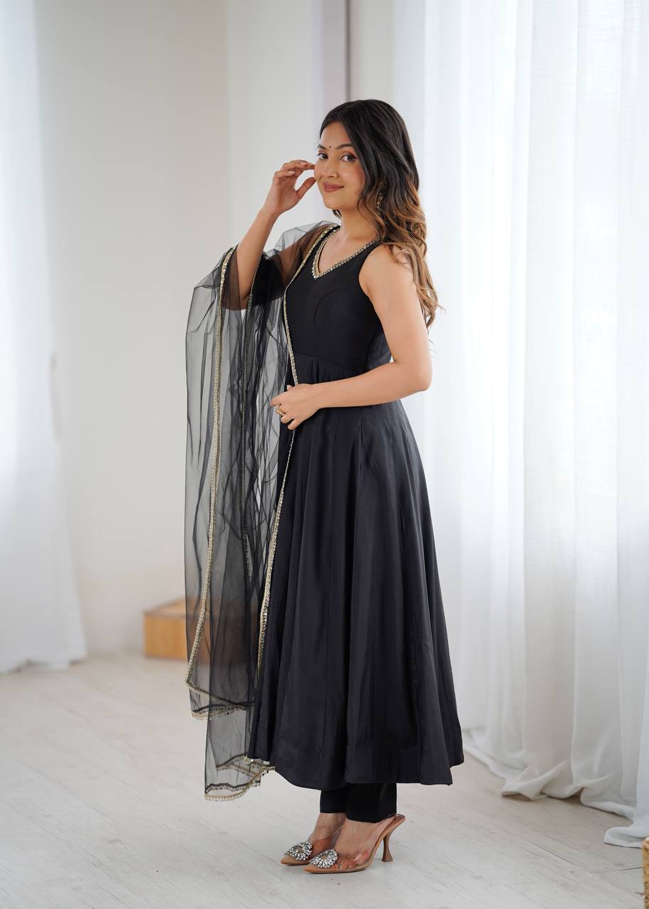Black Color Chanderi Pure Roman Silk Anarkali Suit