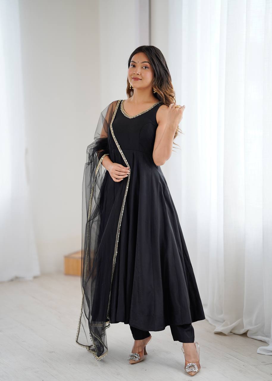 Black Color Chanderi Pure Roman Silk Anarkali Suit