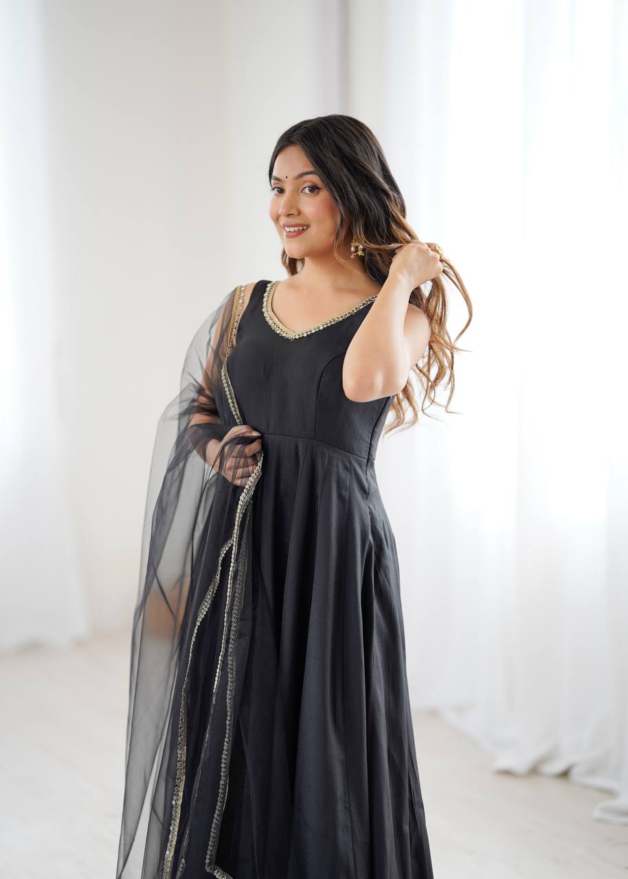 Black Color Chanderi Pure Roman Silk Anarkali Suit
