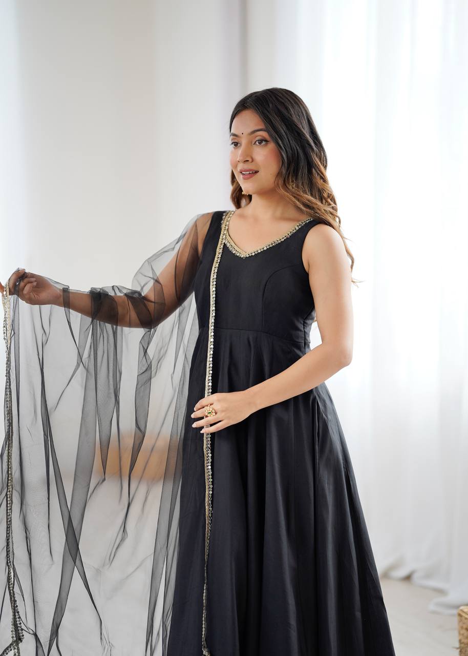 Black Color Chanderi Pure Roman Silk Anarkali Suit