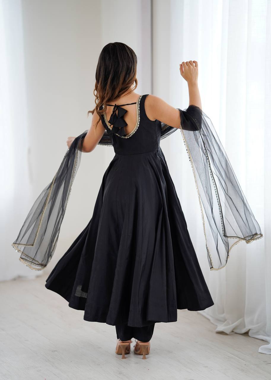 Black Color Chanderi Pure Roman Silk Anarkali Suit