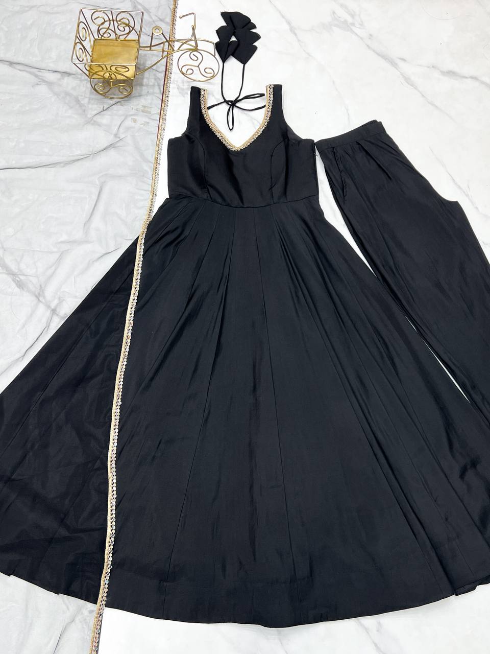 Black Color Chanderi Pure Roman Silk Anarkali Suit
