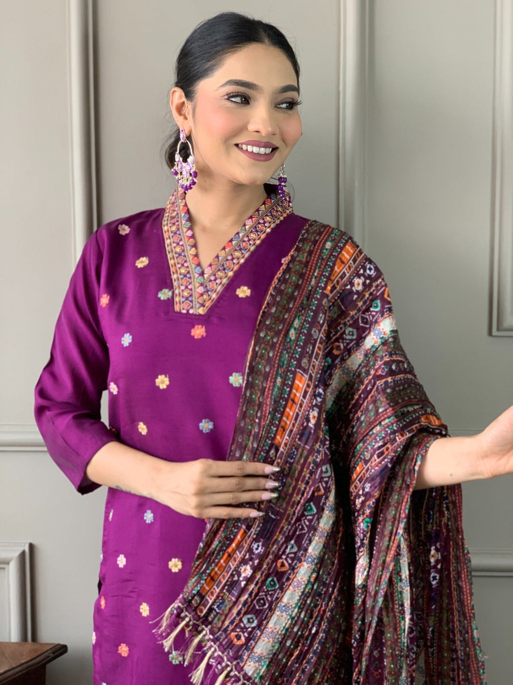 Beautiful Wine Viscose Chanderi Fabric Kurtis Pant Set