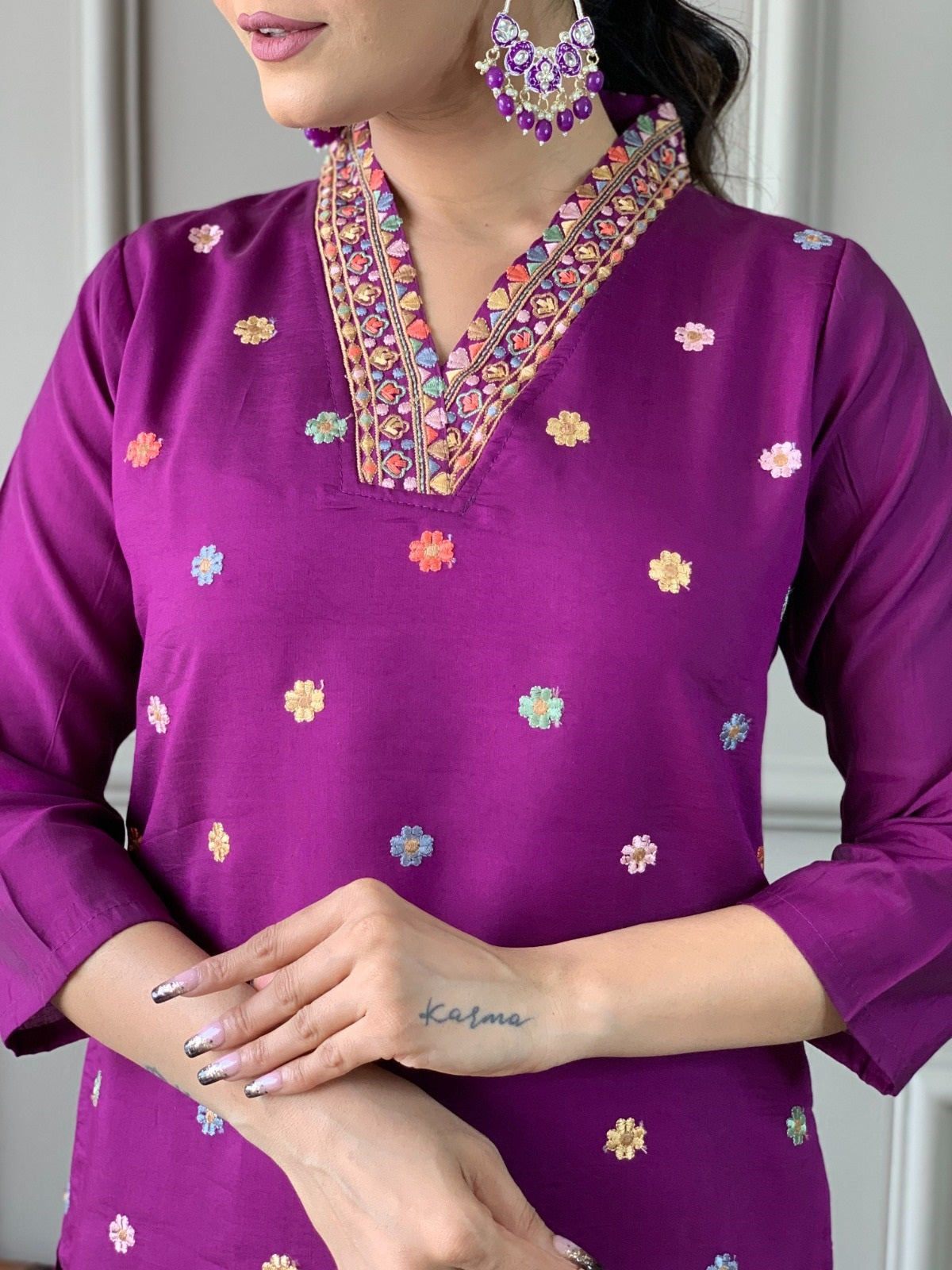 Beautiful Wine Viscose Chanderi Fabric Kurtis Pant Set
