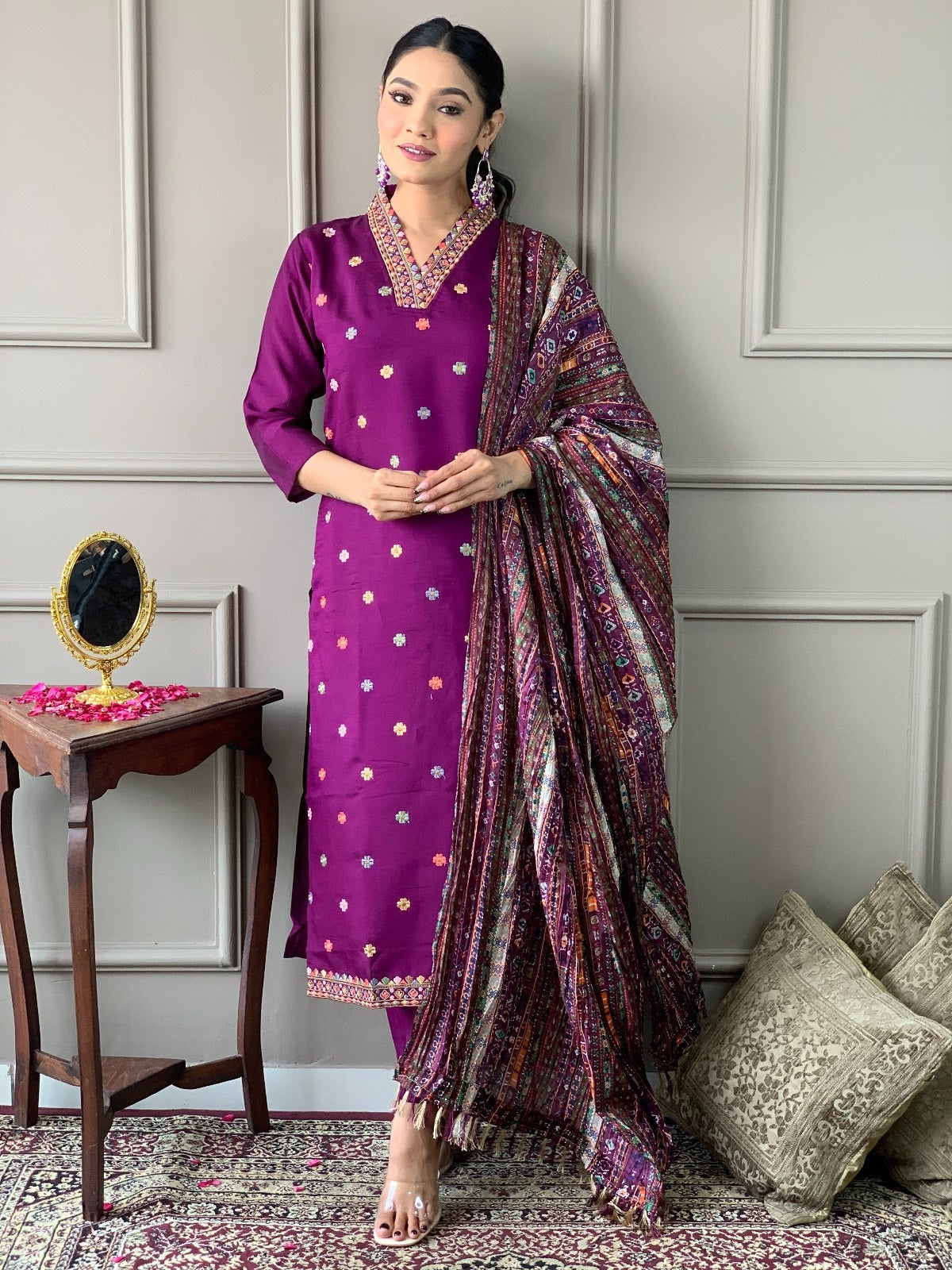 Beautiful Wine Viscose Chanderi Fabric Kurtis Pant Set