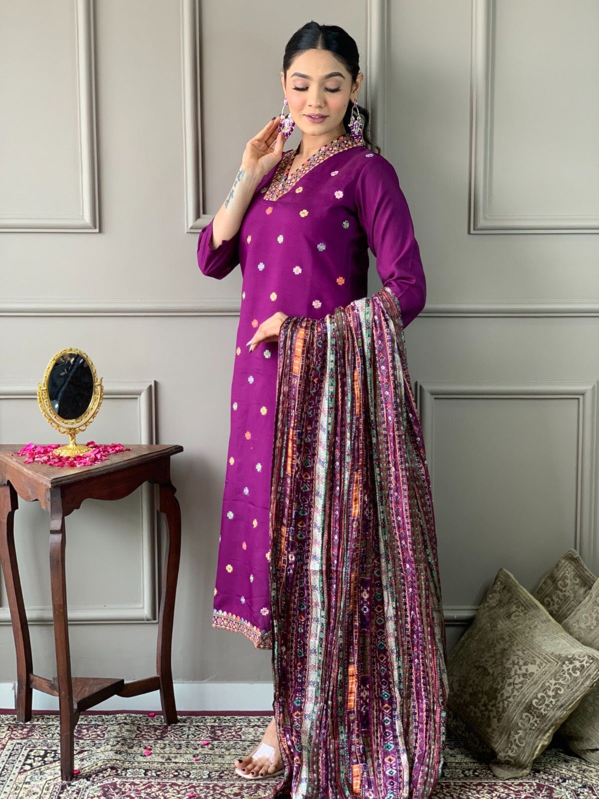 Beautiful Wine Viscose Chanderi Fabric Kurtis Pant Set