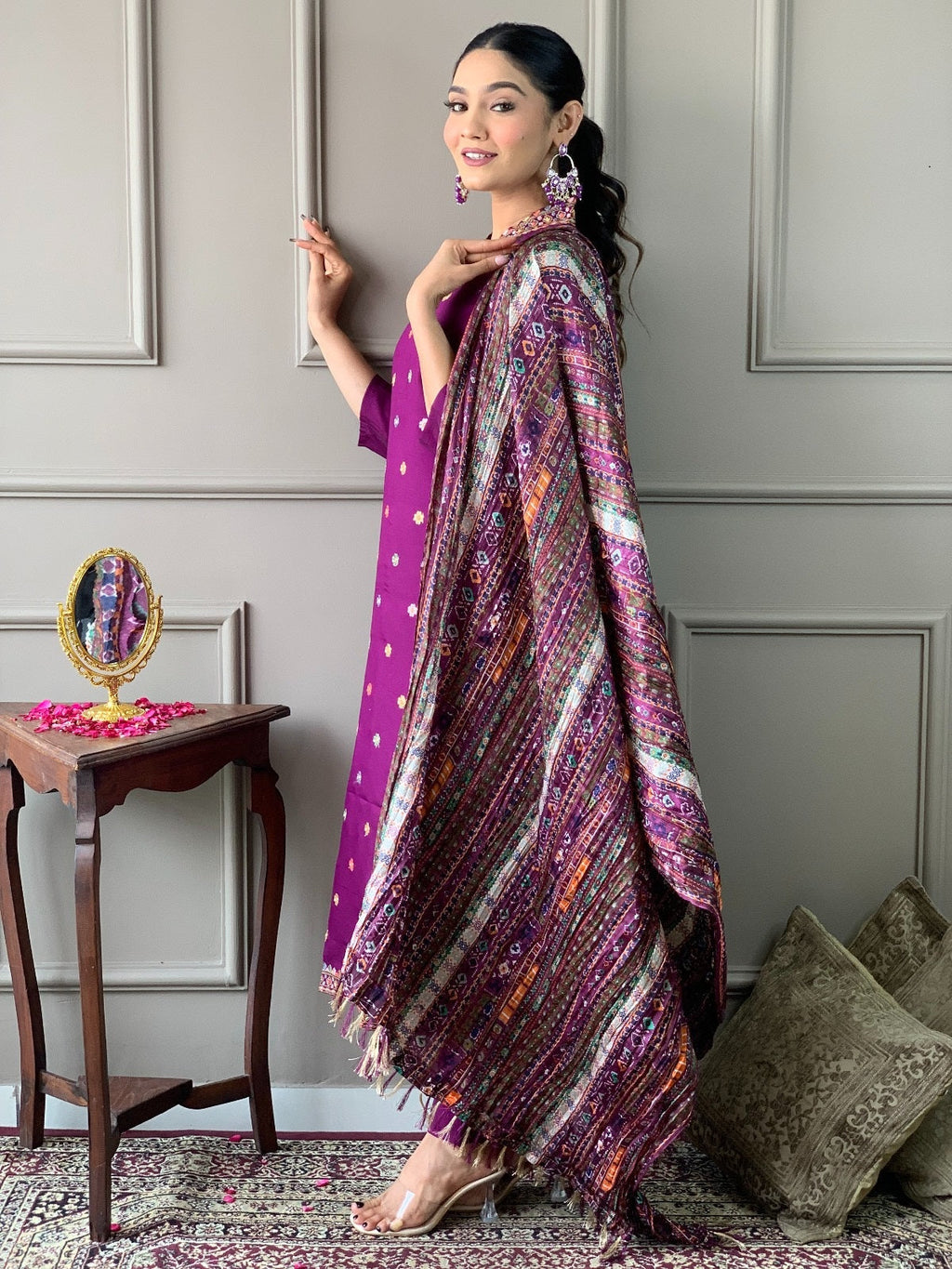 Beautiful Wine Viscose Chanderi Fabric Kurtis Pant Set