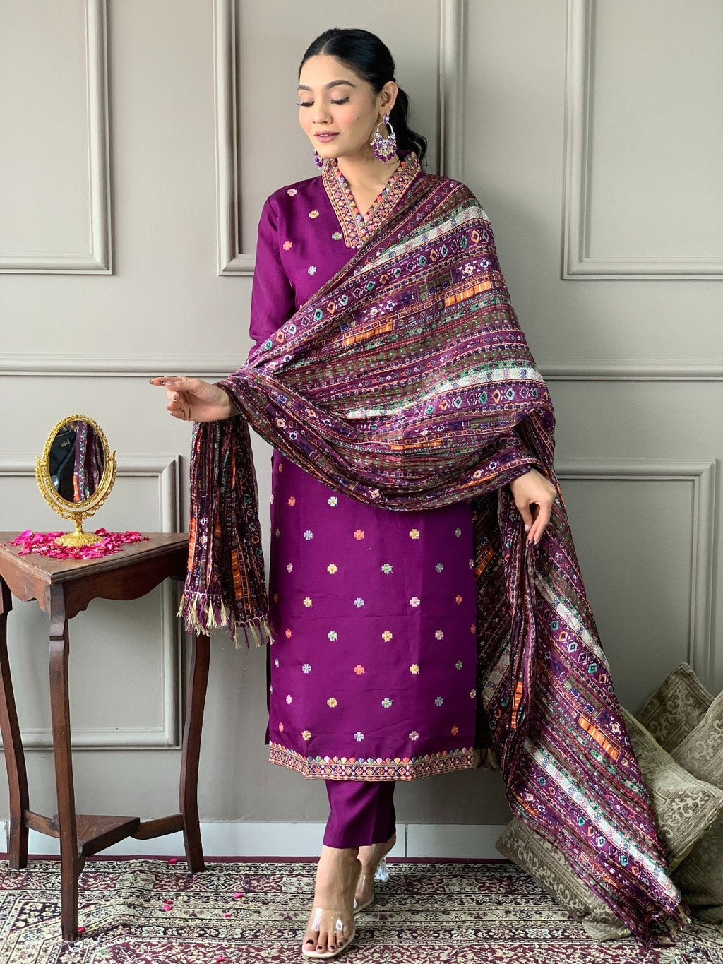 Beautiful Wine Viscose Chanderi Fabric Kurtis Pant Set
