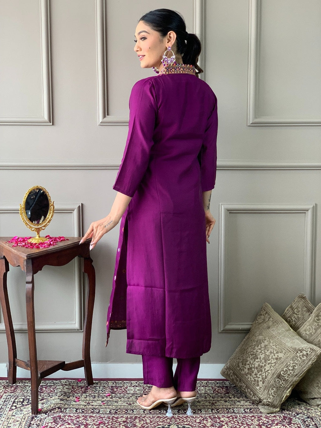 Beautiful Wine Viscose Chanderi Fabric Kurtis Pant Set