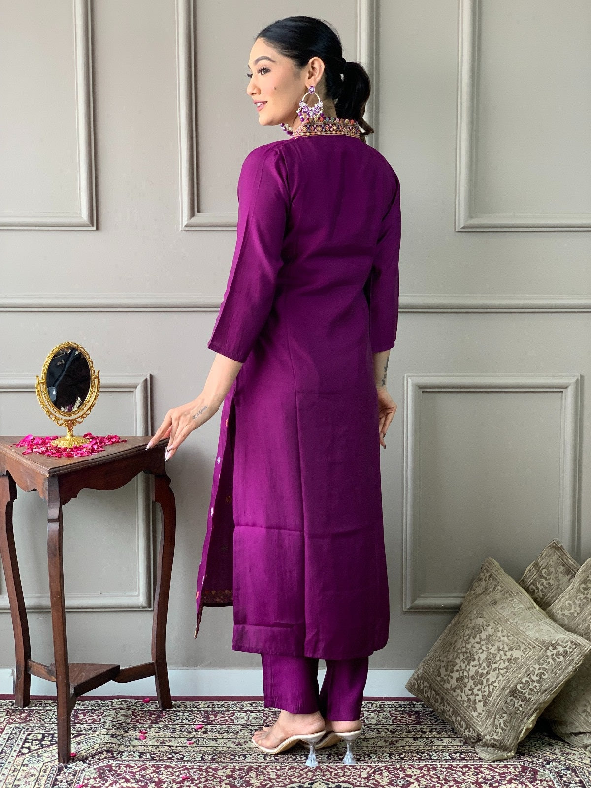 Beautiful Wine Viscose Chanderi Fabric Kurtis Pant Set