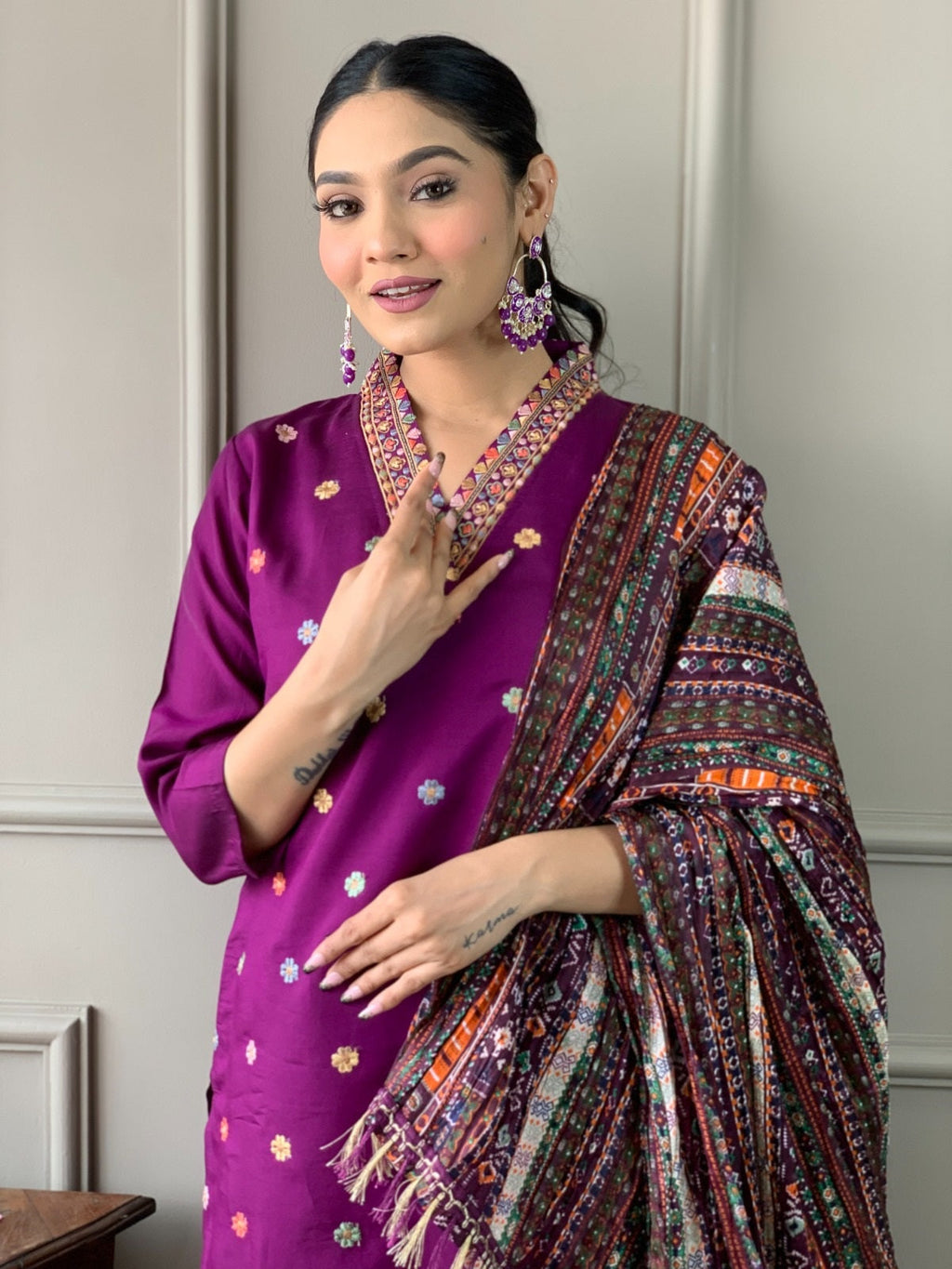 Beautiful Wine Viscose Chanderi Fabric Kurtis Pant Set