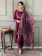 Beautiful Wine Viscose Chanderi Fabric Kurtis Pant Set