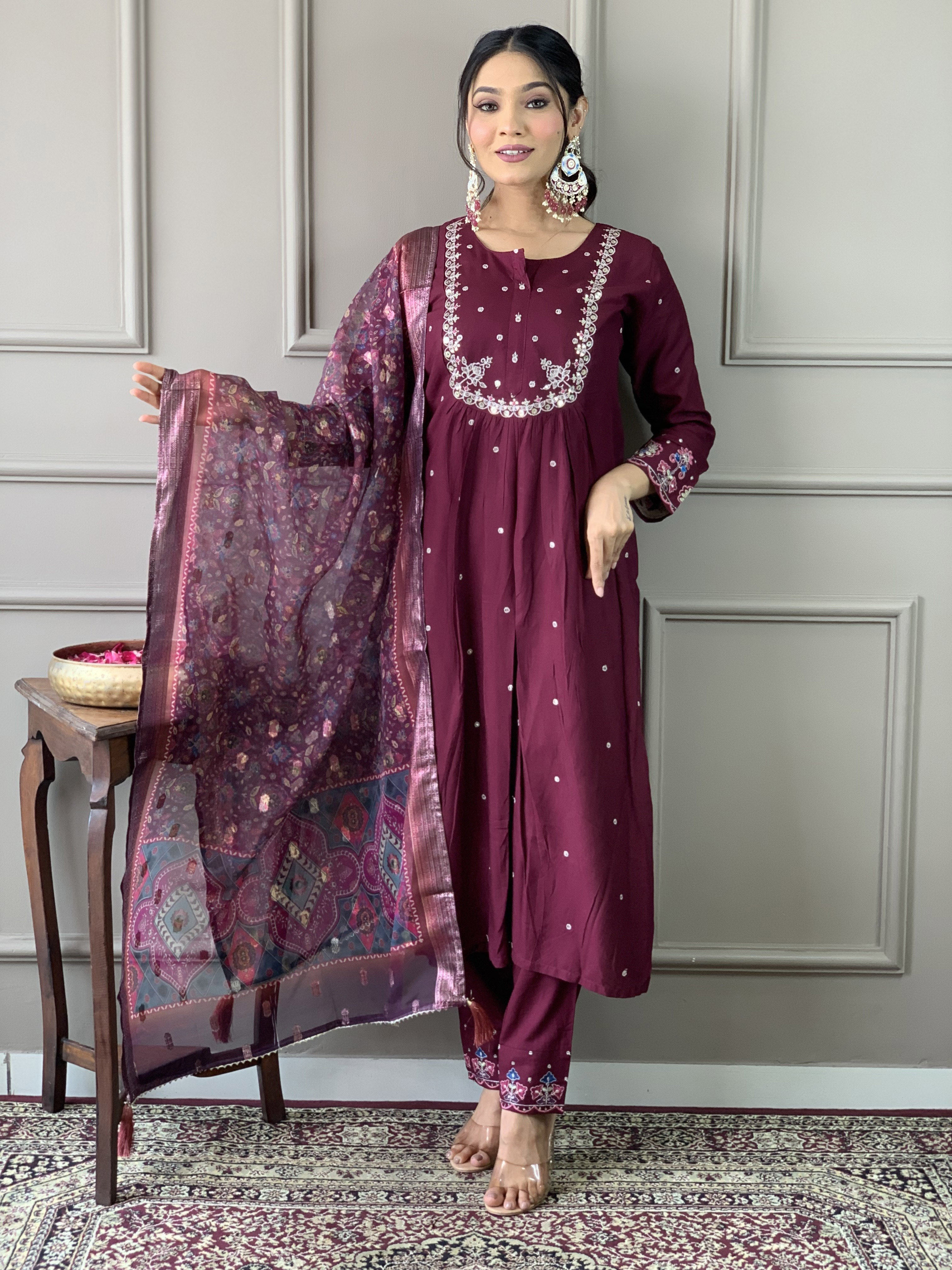 Beautiful Wine Viscose Chanderi Fabric Kurtis Pant Set
