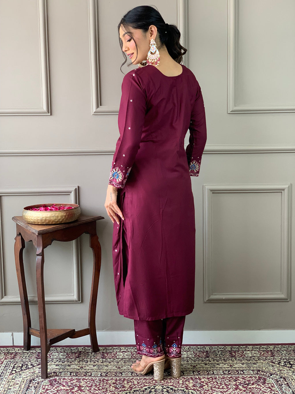 Beautiful Wine Viscose Chanderi Fabric Kurtis Pant Set