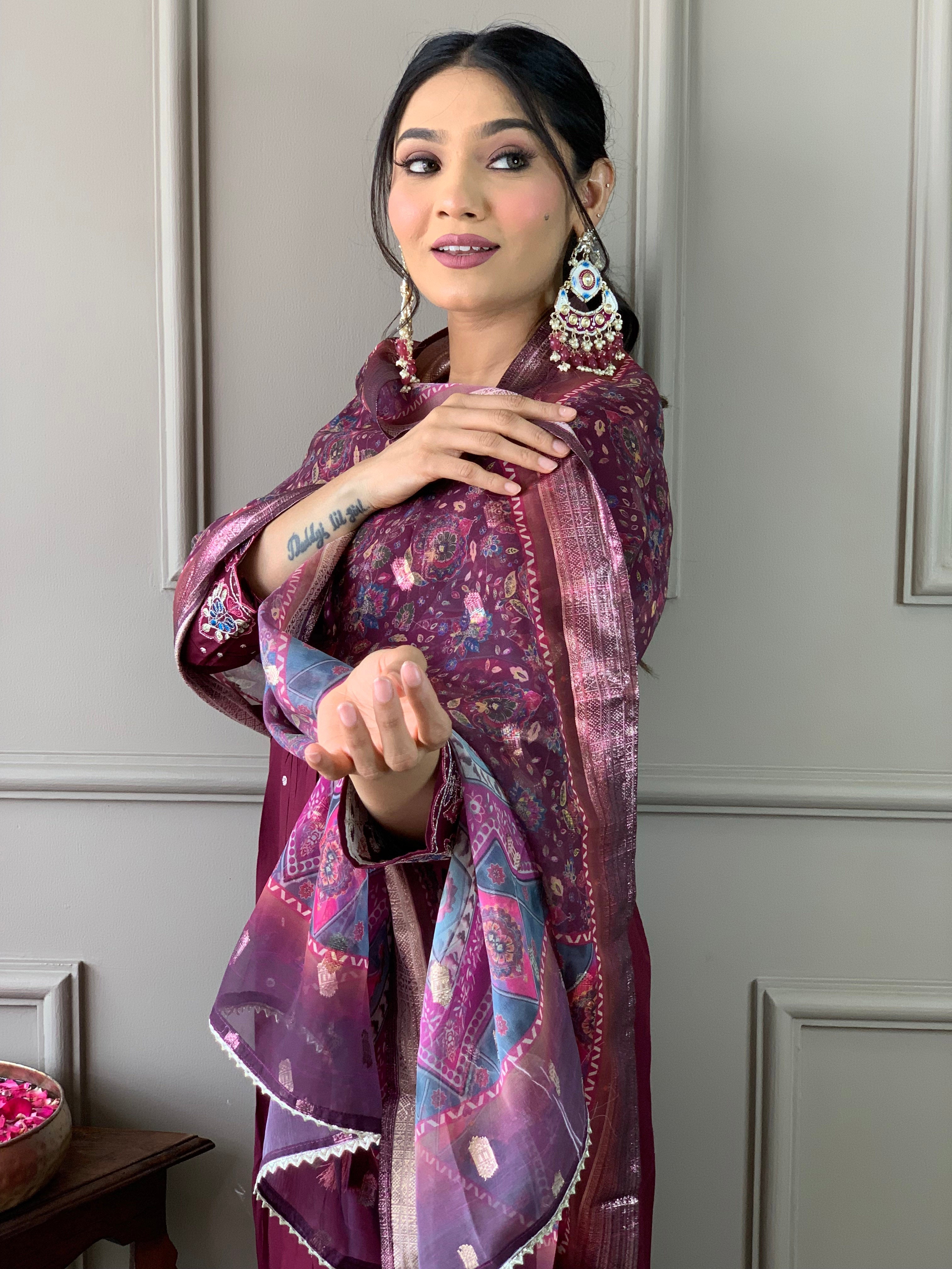Beautiful Wine Viscose Chanderi Fabric Kurtis Pant Set