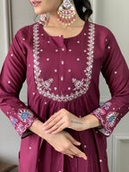 Beautiful Wine Viscose Chanderi Fabric Kurtis Pant Set