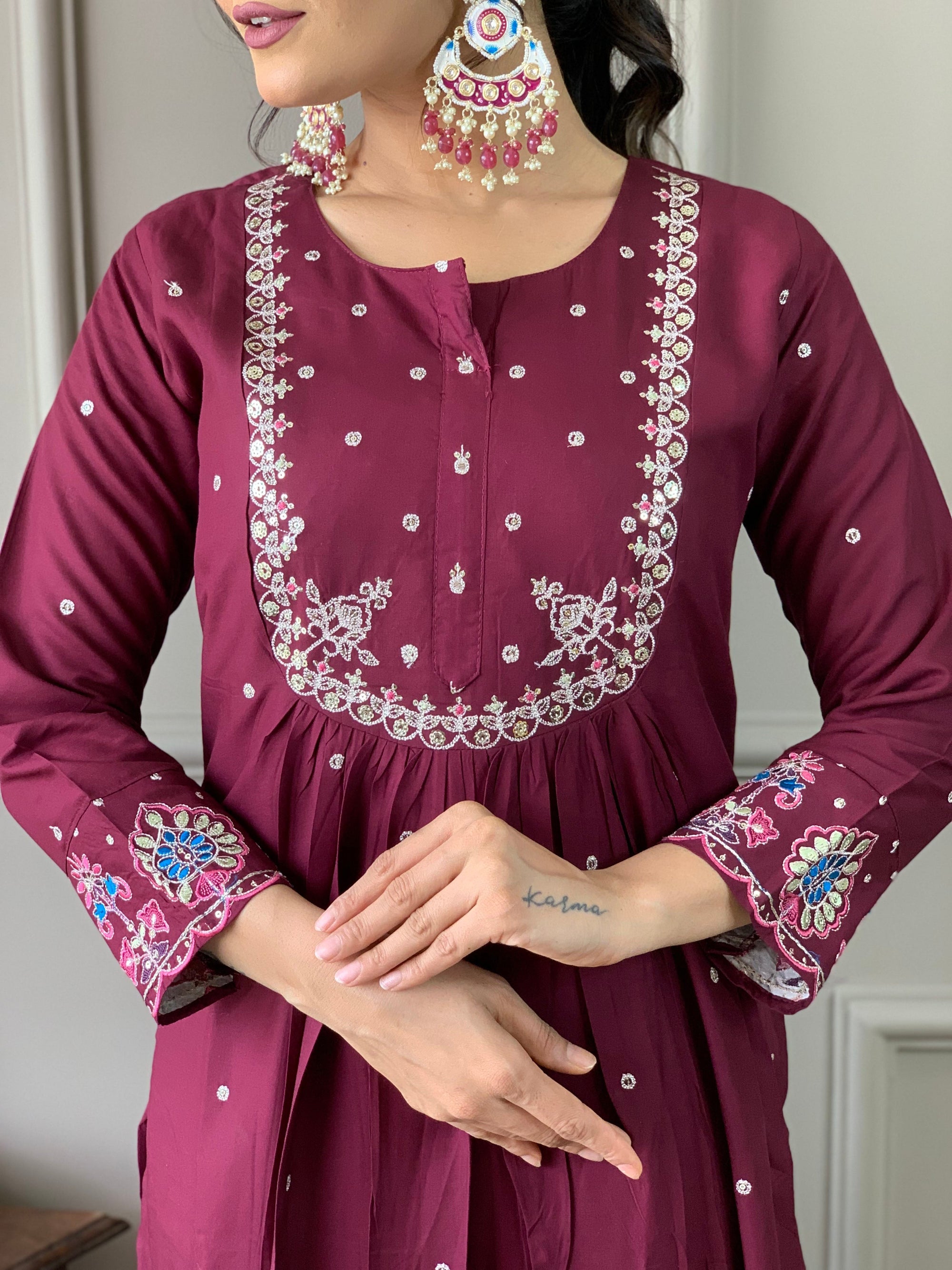 Beautiful Wine Viscose Chanderi Fabric Kurtis Pant Set