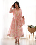 Baby Pink Pure Orange Chiffon Floral Print Fabric Fully Flair Anarkali Salwar Suit