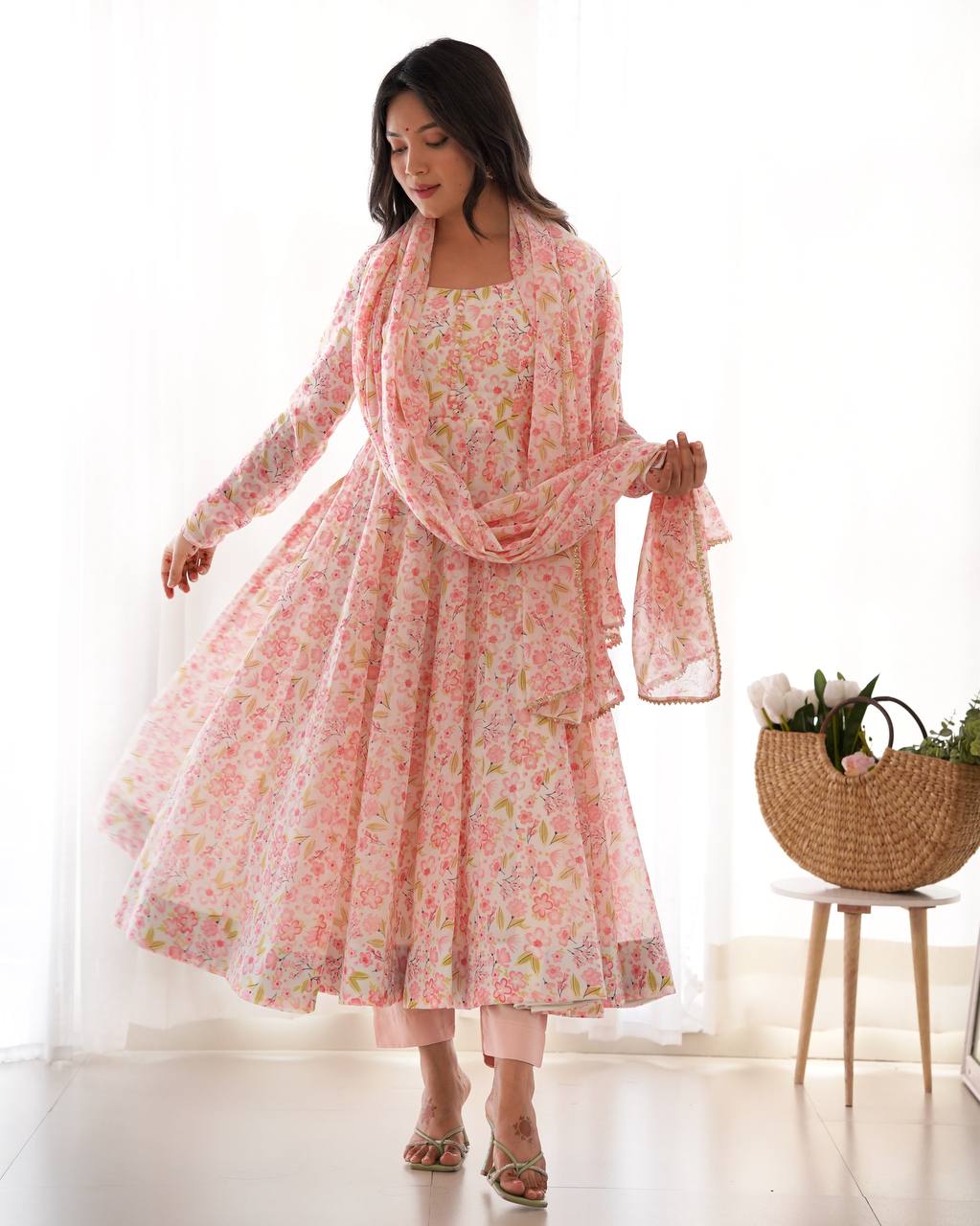 Baby Pink Pure Orange Chiffon Floral Print Fabric Fully Flair Anarkali Salwar Suit