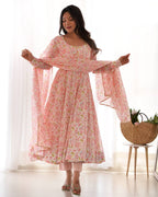 Baby Pink Pure Orange Chiffon Floral Print Fabric Fully Flair Anarkali Salwar Suit