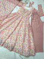 Baby Pink Pure Orange Chiffon Floral Print Fabric Fully Flair Anarkali Salwar Suit
