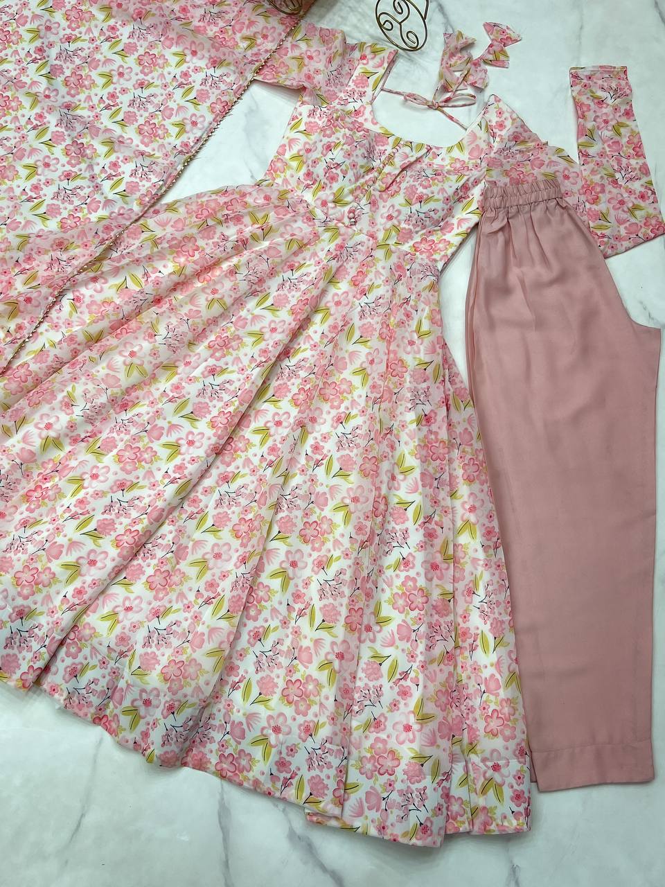 Baby Pink Pure Orange Chiffon Floral Print Fabric Fully Flair Anarkali Salwar Suit