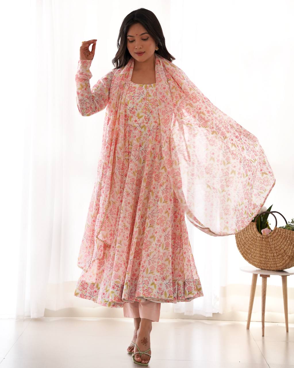 Baby Pink Pure Orange Chiffon Floral Print Fabric Fully Flair Anarkali Salwar Suit