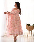 Baby Pink Pure Orange Chiffon Floral Print Fabric Fully Flair Anarkali Salwar Suit