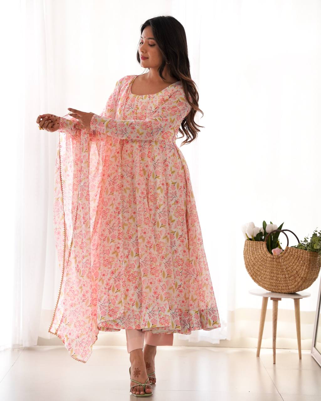 Baby Pink Pure Orange Chiffon Floral Print Fabric Fully Flair Anarkali Salwar Suit