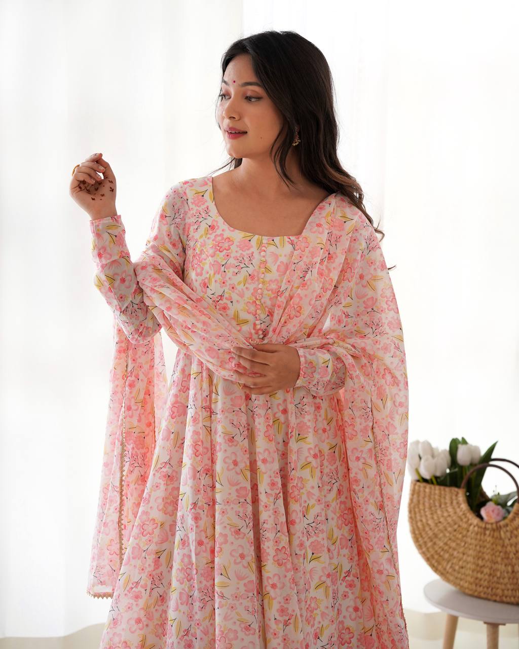 Baby Pink Pure Orange Chiffon Floral Print Fabric Fully Flair Anarkali Salwar Suit