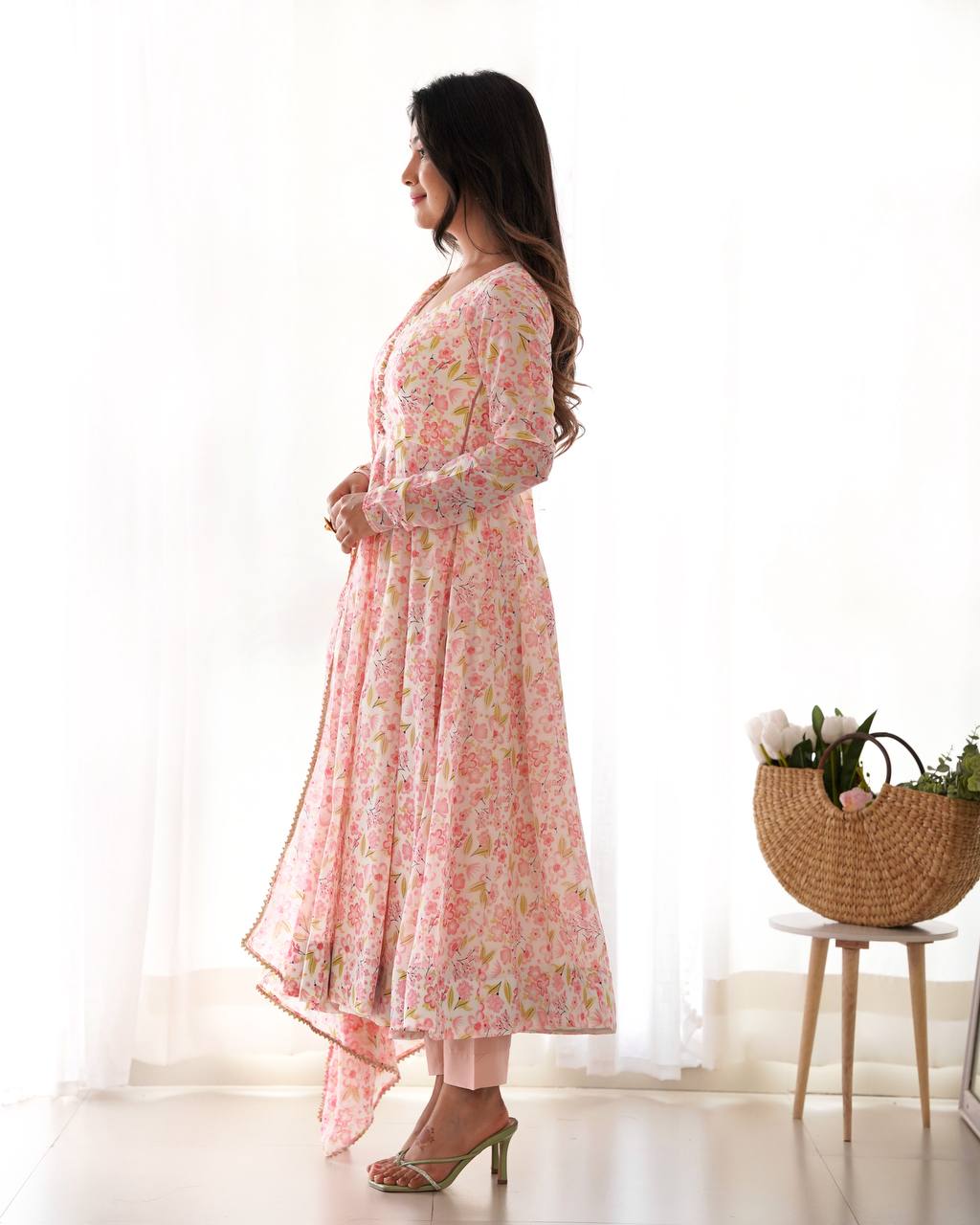 Baby Pink Pure Orange Chiffon Floral Print Fabric Fully Flair Anarkali Salwar Suit