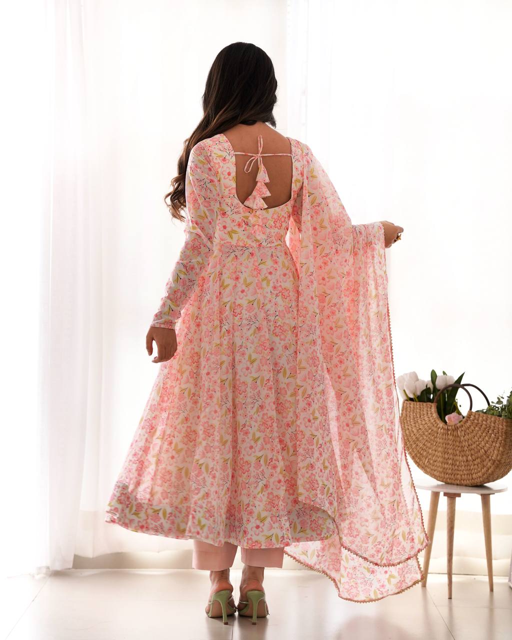 Baby Pink Pure Orange Chiffon Floral Print Fabric Fully Flair Anarkali Salwar Suit