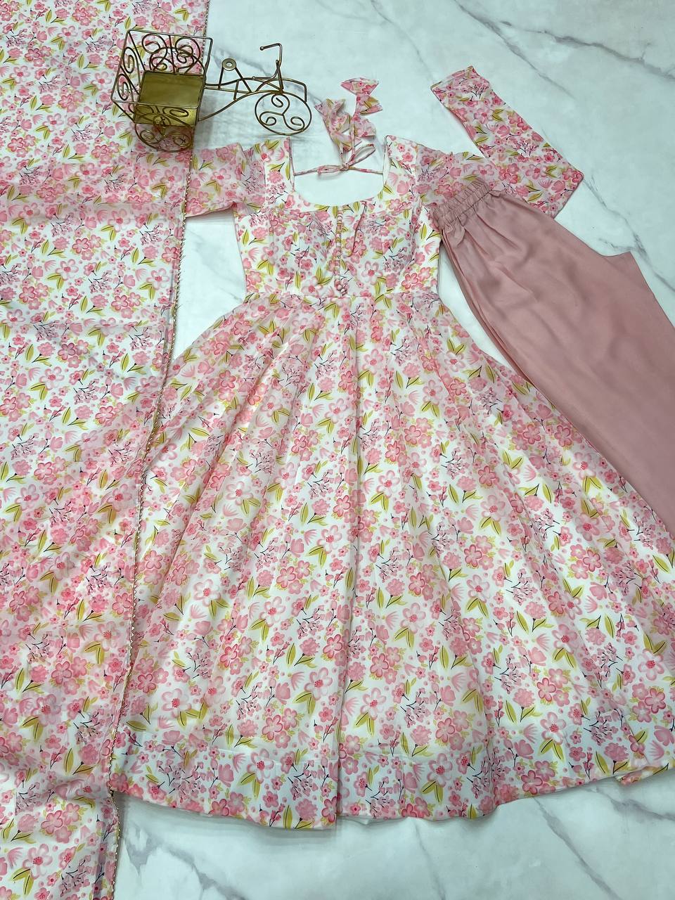 Baby Pink Pure Orange Chiffon Floral Print Fabric Fully Flair Anarkali Salwar Suit
