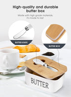 Butter Dish With Wooden Lid,Large Butter Container Keeper Storage Plate With Steal Butter Knife,Bamboo Cover And Silicone Sealing Ring For West East Coast Butter