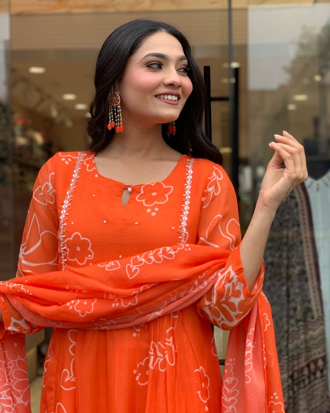 Beautiful Orange Faux Georgette Fabric Kurtis Pant Set