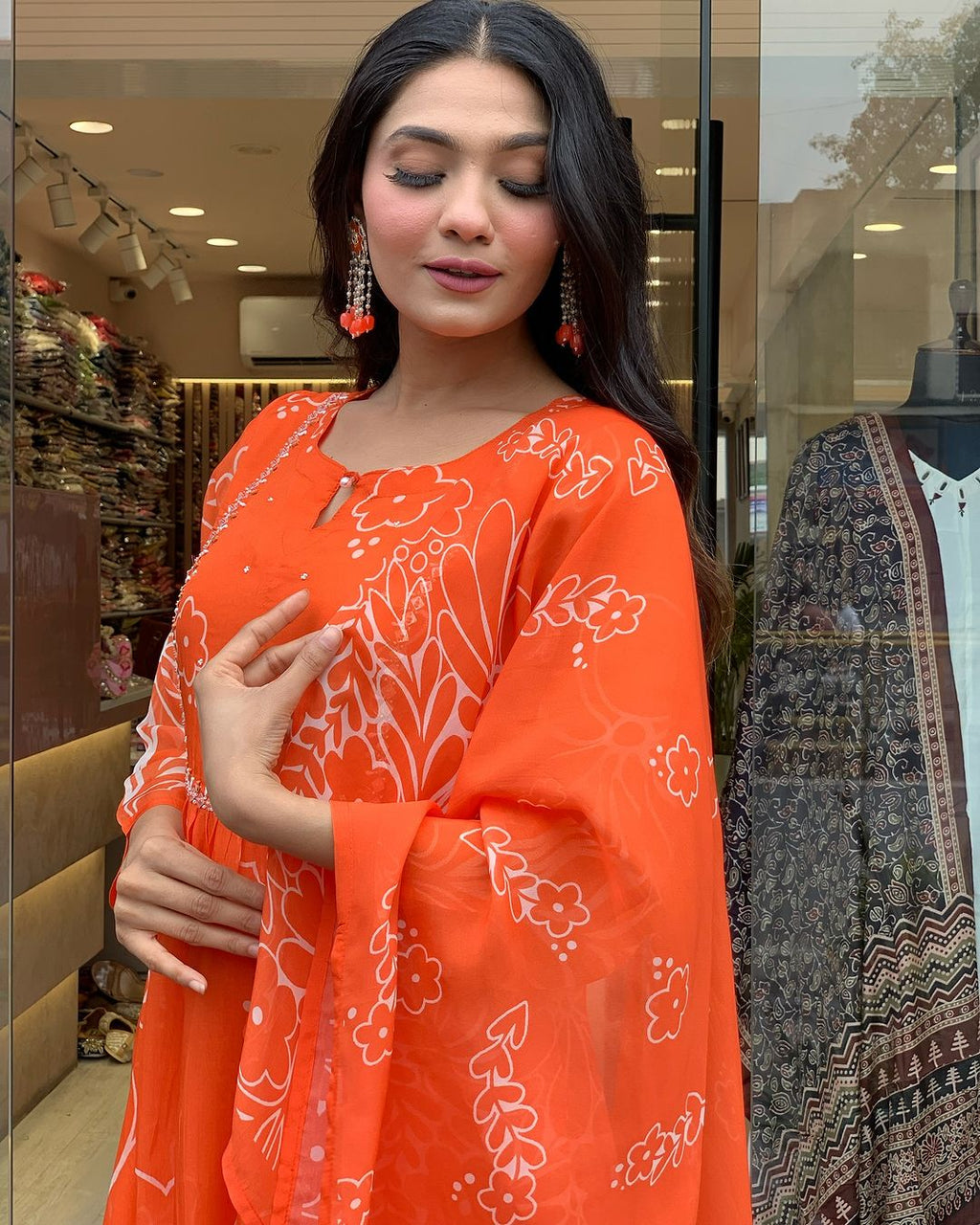 Beautiful Orange Faux Georgette Fabric Kurtis Pant Set