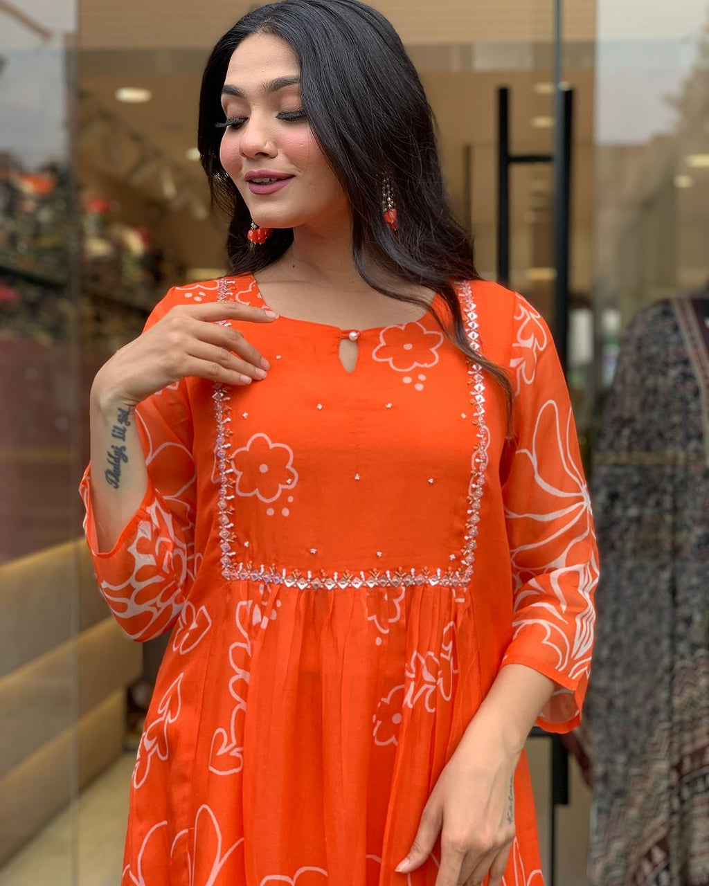 Beautiful Orange Faux Georgette Fabric Kurtis Pant Set