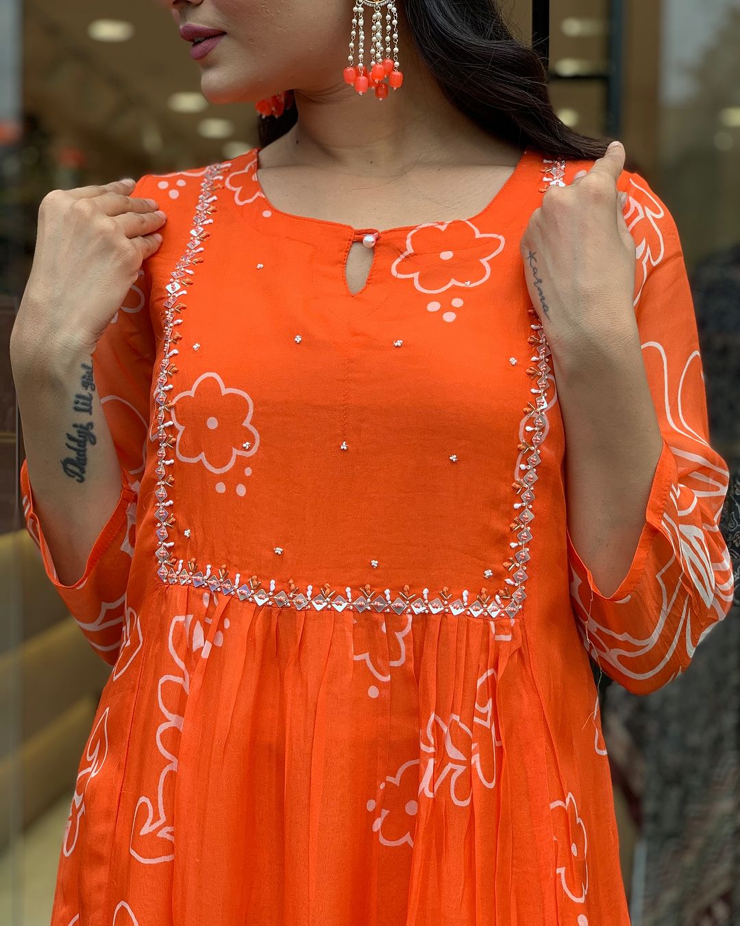 Beautiful Orange Faux Georgette Fabric Kurtis Pant Set