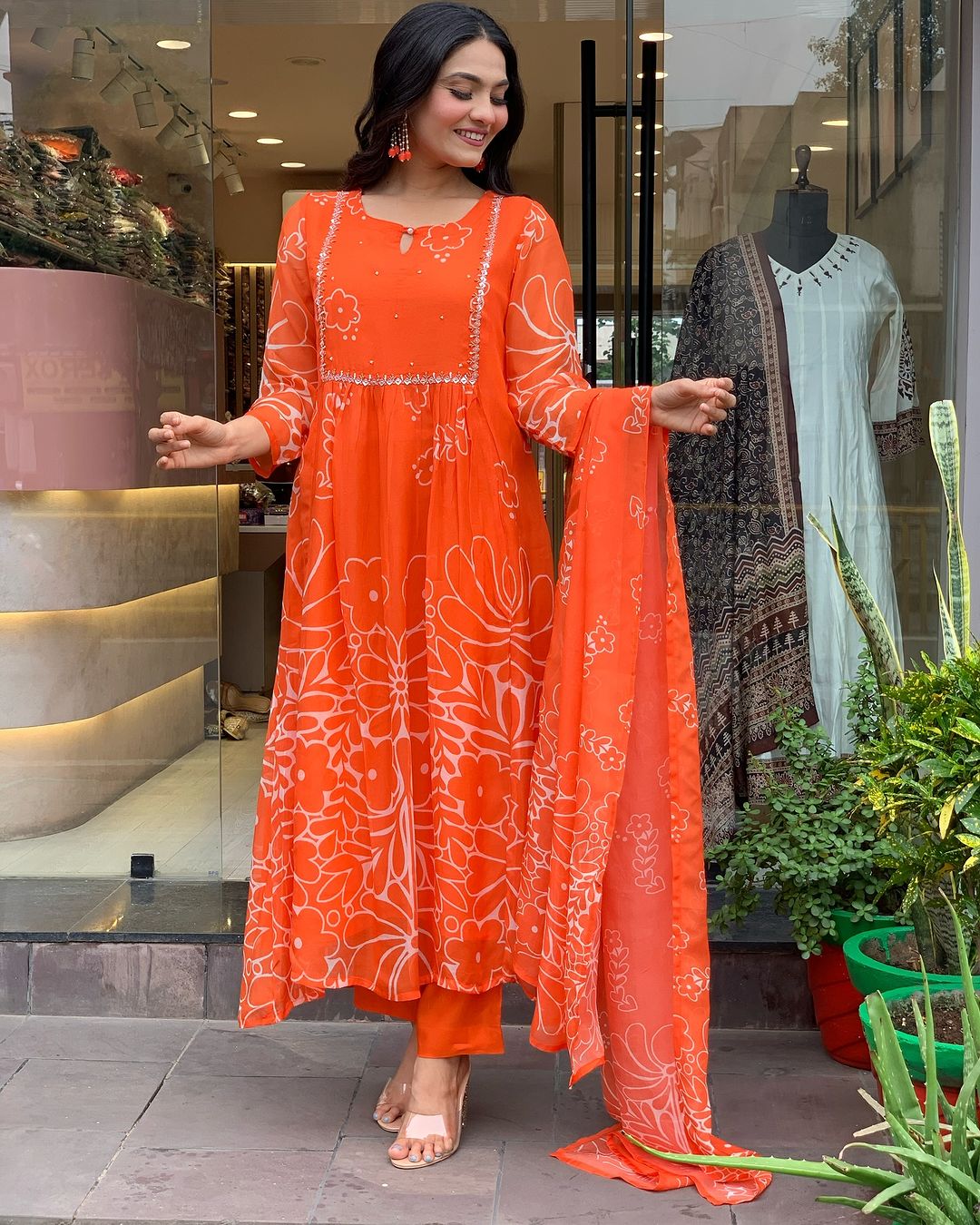 Beautiful Orange Faux Georgette Fabric Kurtis Pant Set