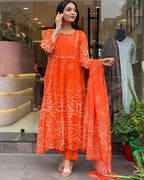 Beautiful Orange Faux Georgette Fabric Kurtis Pant Set