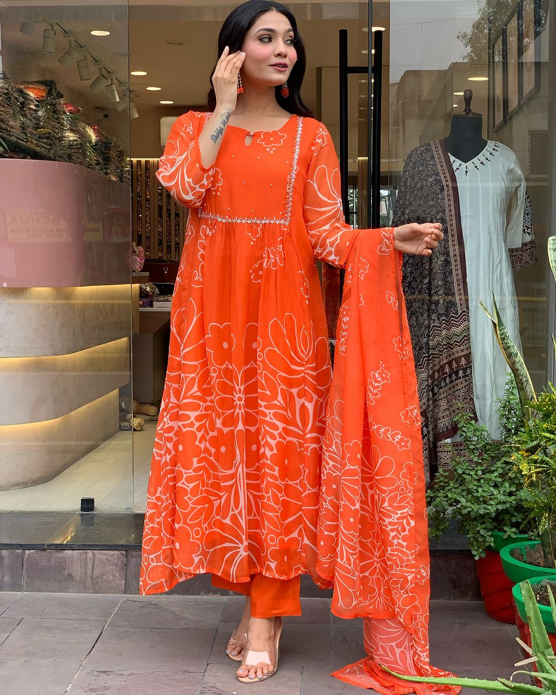 Beautiful Orange Faux Georgette Fabric Kurtis Pant Set